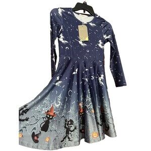 LaBeca Girls Dress Long Sleeve Halloween Witch Cat Starry Night Size XL Youth